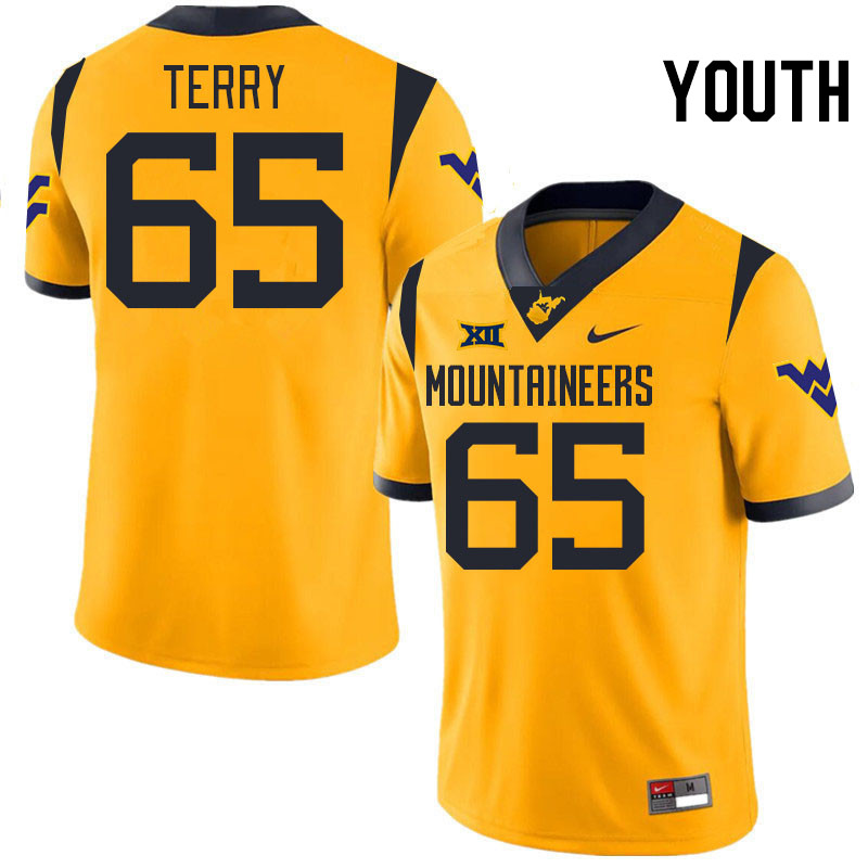 Youth #65 Justin Terry West Virginia Mountaineers College 2024 New Uniforms Football Jerseys Stitche